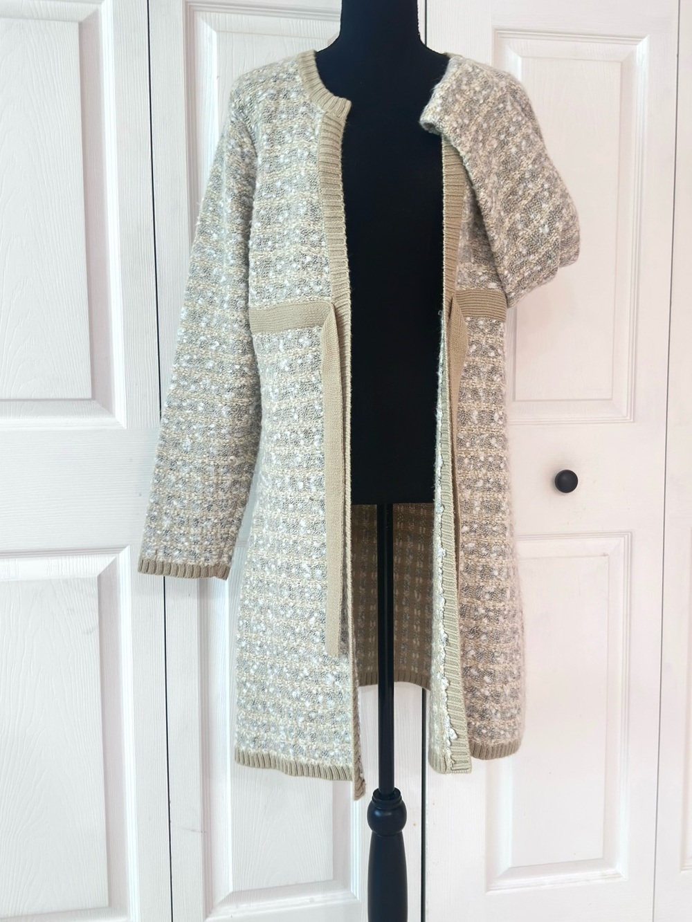 Beige/Gray/Cream Knit/Wool Long Open Front Cardigan with Attached Tie Belt - Picture 6 of 12